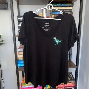Torrid Black V-Neck Top with Dinosaur Design